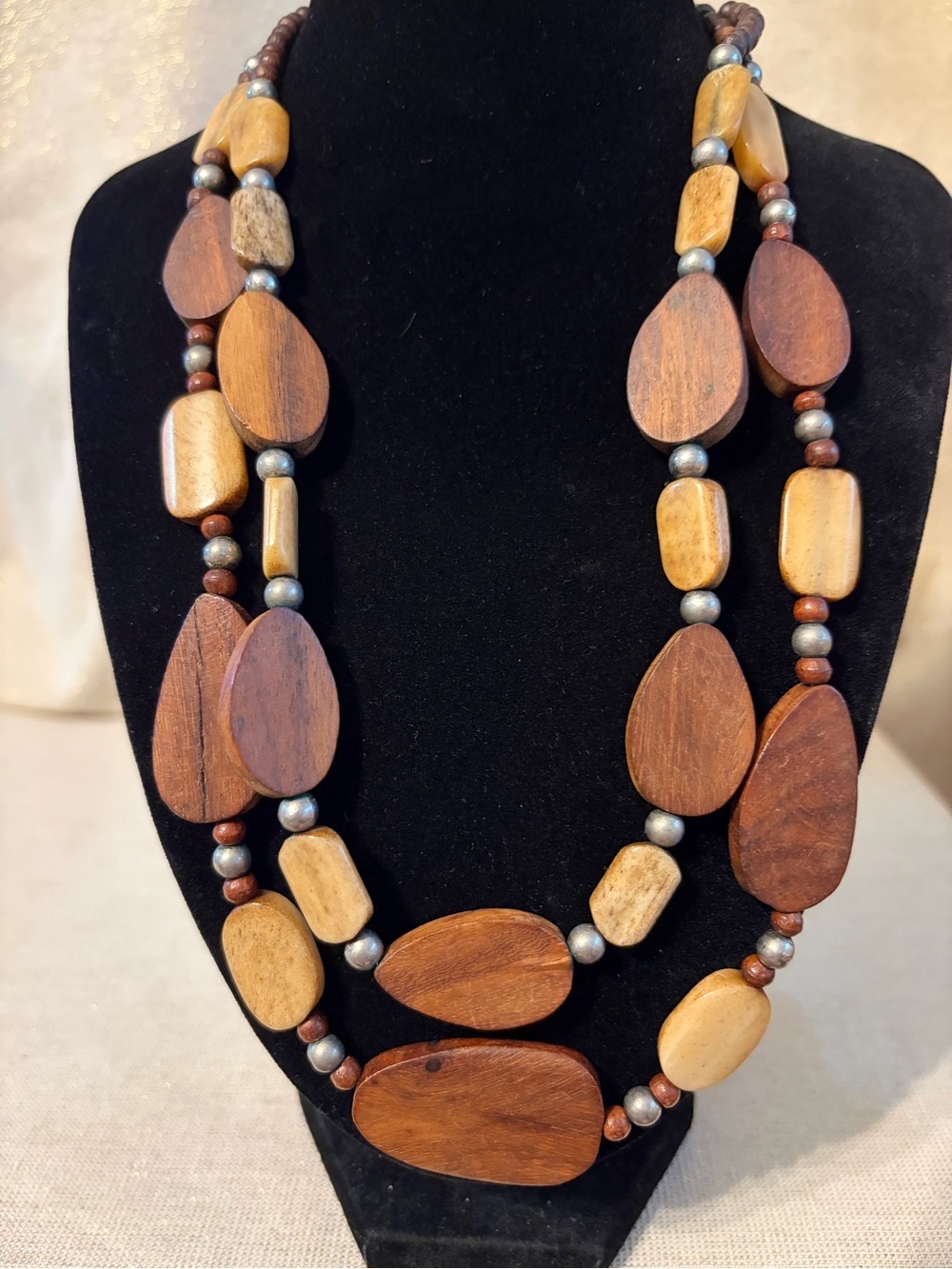 Wooden Multi-Strand Necklace in Brown and Tan